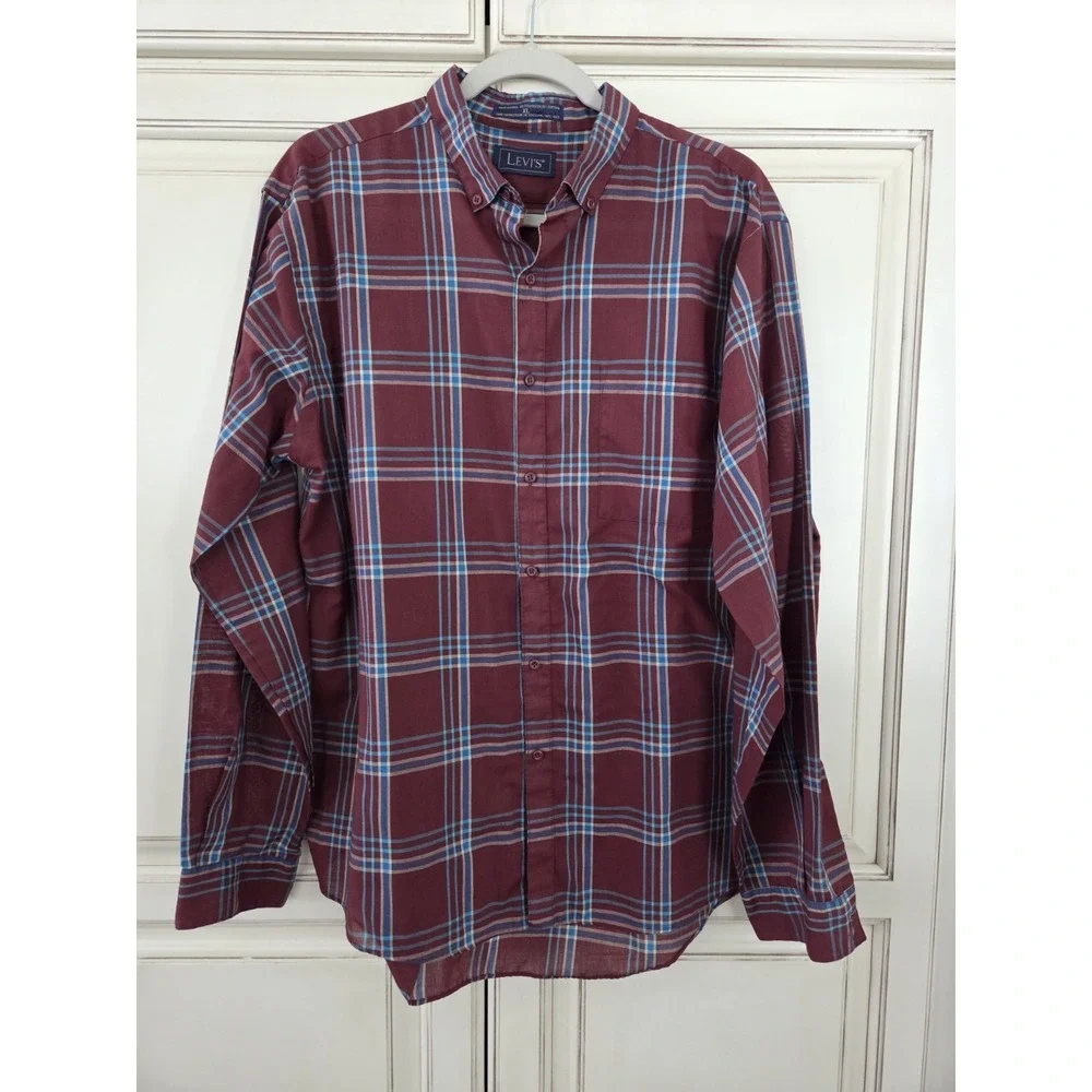 Men's Vtg Levi's Button Down Shirt Plaid Long Sleeve Sz‎ Xl Burgundy